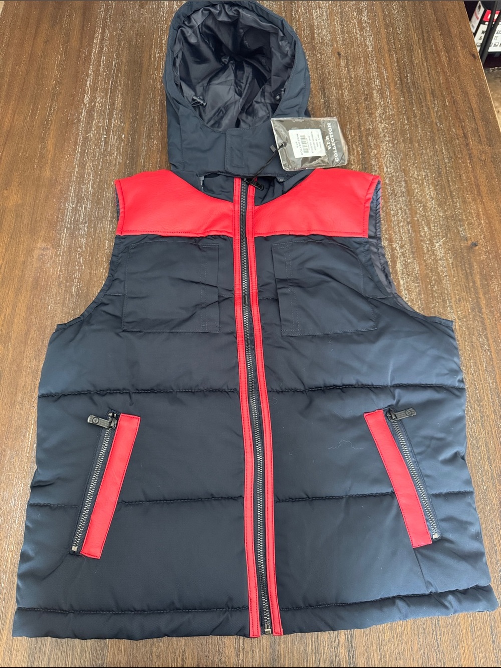 Men's Navy and Red Hooded Puffer Vest